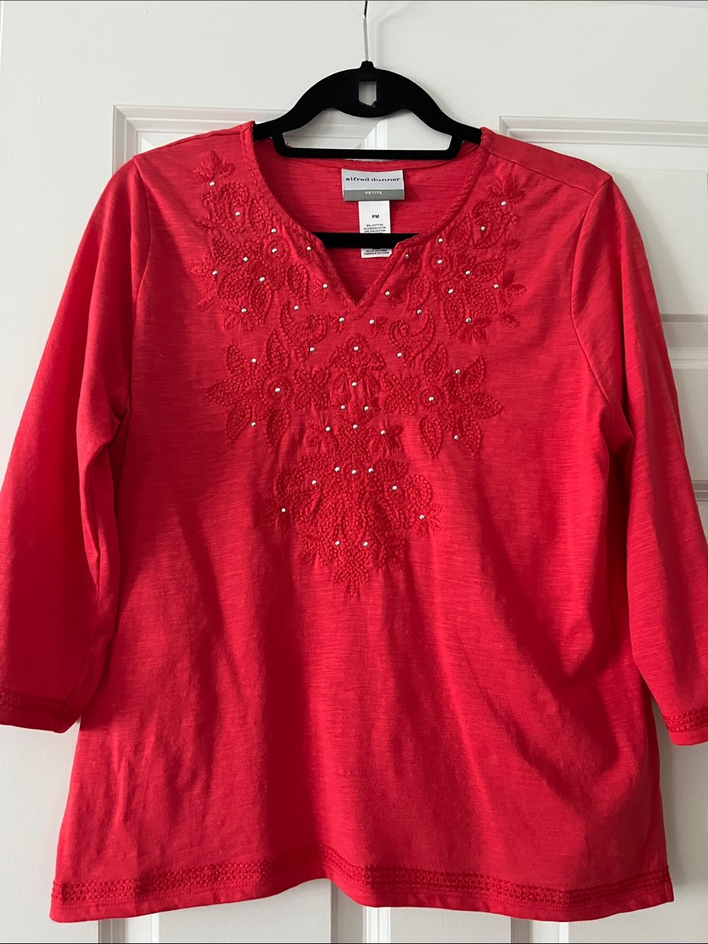 Alfred Dunner Bright Red Embroidered V-Neck Long Sleeve Tee